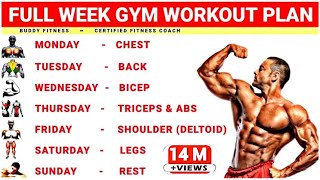 Full Week Gym Workout Plan  Week Schedule For Gym Workout  Buddy Fitness [upl. by Akinyt]